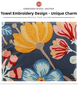 Macro detail of floral chenille embroidery on a dark blue cushion cover with soft texture