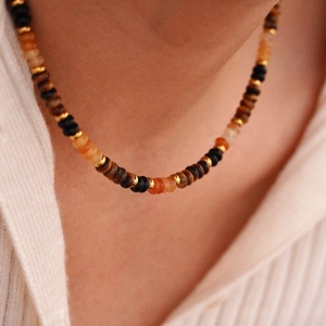 French vintage tiger eye stone beaded necklace with gold spacers on neck model