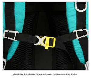 Detail of hiking backpack chest strap buckle with emergency whistle and honeycomb fabric