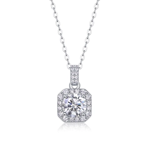 Macro shot of silver sterling marquise pendant with square halo and round moissanite