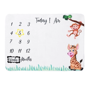 Detailansicht der Baby-Meilensteindecke mit Affe, Giraffe und markierter Nummer 5