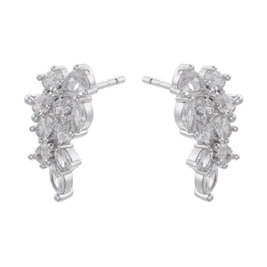 Detailed view of silver flower cluster stud earrings with pear and round cubic zirconia