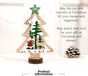 Detail of wooden Christmas tree decor with Santa motifs and a natural log base