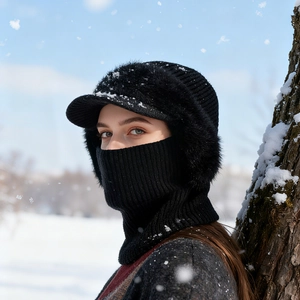 Winter black striped knit hat with integrated neck warmer and faux fur ear flaps
