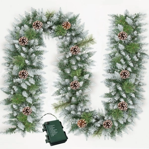 2.7M Christmas garland with frosted needles, natural pinecones, and LED battery box