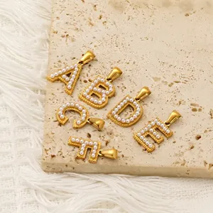 Alphabet Initial Letter Pendant 18K Gold Plated 304 Stainless Steel Artificial Pearl Rhinestone DIY Jewelry Making Accessory