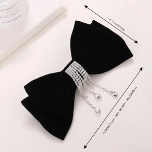 Elegant black velvet bow hair clip with sparkling rhinestone tassels and crystal drops