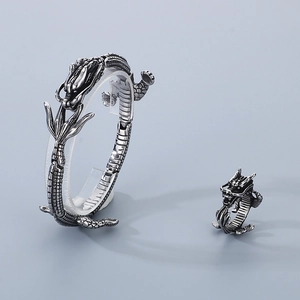 Silver stainless steel Chinese dragon ring and bracelet set with antique finish