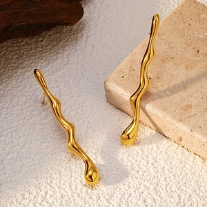 Polished 18K gold plated fluid wave earrings with geometric wavy drop design