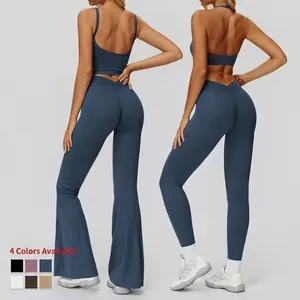 Completo yoga spazzolato con pantaloni a zampa e reggiseno sportivo blu nebbia
