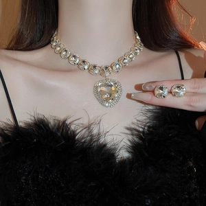 Luxury vintage jewelry set with heart-shaped crystal pendant necklace and earrings