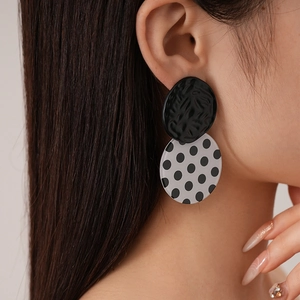 Retro acrylic black and white polka dot round earrings with vintage metallic finish