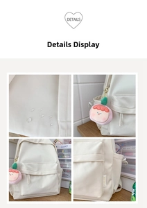 Detailed macro view of waterproof PU fabric and cute peach charm on white backpack