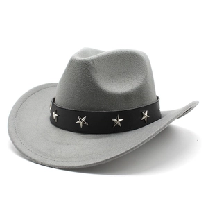 Detail of grey felt cowboy hat with black leather band and silver star studs