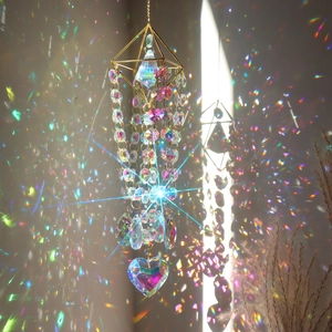 Detail of faceted crystal suncatcher reflecting colorful rainbow light on walls