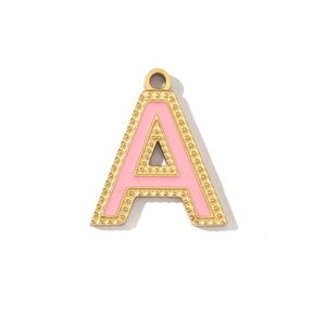 Pink enamel letter A pendant in gold-plated stainless steel with dotted edge