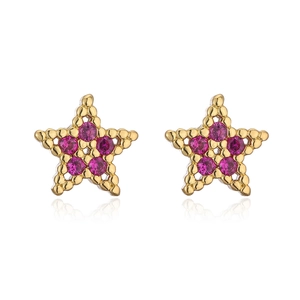 Detailed macro view of 18K gold star stud earrings with pink zircon stone inlay