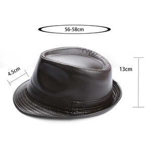 Deep brown PU leather fedora with dimensions 56-58cm circumference and 13cm height