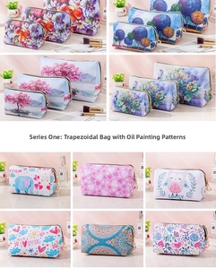 Close-up of floral and cartoon print makeup bags with durable gold metal zippers