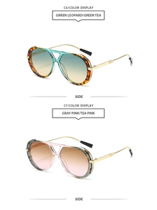 Side view of aviator sunglasses with leopard frames and gradient lenses on gold temples