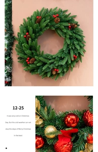 Close-up of Christmas wreath with red berries, pine cones and golden baubles