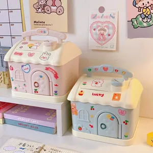 Creative house-shaped money bank with cute stickers and portable handle for kids