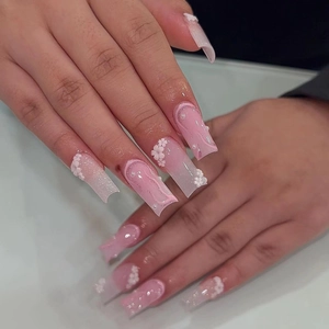 Press On Nails Gradient Pink And White 3D Flower Artificial Pearl Decor French Long Square Artificial Fake Nails For Women Girls