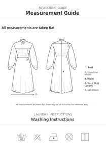 Size chart and measuring guide for V-neck puff sleeve dress with laundry instructions