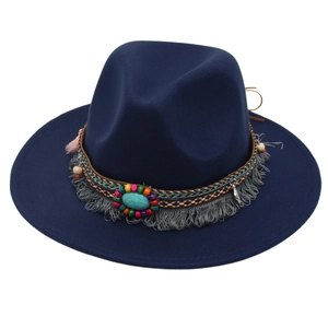 Navy blue Tibetan wool fedora hat with ethnic bohemian beaded band and turquoise stone