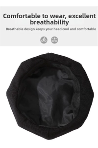 Detail view of the black beret featuring a breathable lining and ribbed sweatband