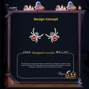 Close-up of S925 silver spider stud earrings with black zircon and red glass in Halloween setting