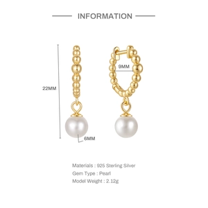 Detailed technical drawing of 925 sterling silver pearl earrings with size measurements