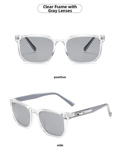 Detail of square sunglasses featuring transparent frames with gray lenses and silver metal trim