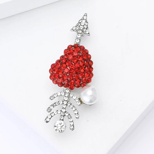 Elegant heart and arrow brooch with red rhinestones and white pearl on silver base