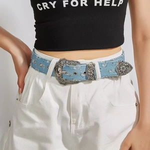 Vintage light blue denim belt with distressed holes and ornate western metal buckle