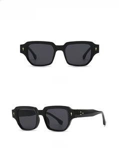 Front and 45-degree angle detail views of square black retro sunglasses with silver rivets