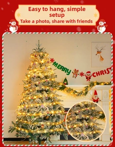 Detail of LED Christmas tree ribbon lights with warm glow and festive hanging ornaments