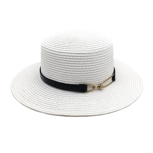 Women's white straw flat top sun hat with black leather band and gold buckle