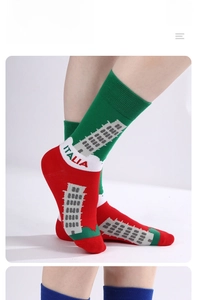 Detailed close-up of ribbed cuffs and Italia embroidery on tricolor crew socks