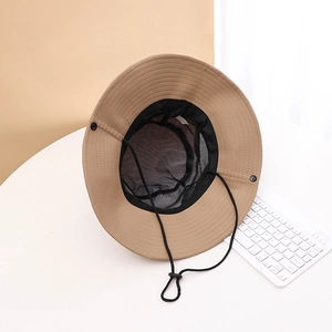 Detail of khaki sun hat featuring breathable black mesh lining and adjustable windproof cord