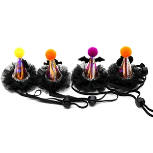 Detail of colorful Halloween pet party hats with mesh base and adjustable cords