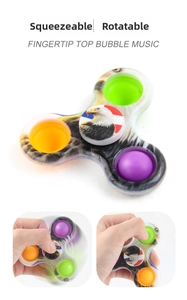 Dettaglio del fidget spinner con bolle colorate pop e design rotante con testa d'aquila