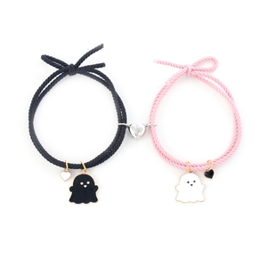 Ghost charm couple bracelets with magnetic heart connector on woven elastic cords