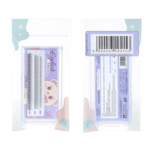 Macro shot of segmented cluster eyelashes packaging with instructions and cartoon design