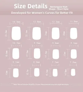 Guide des tailles détaillé pour ongles courts carrés avec 12 tailles et 24 pièces