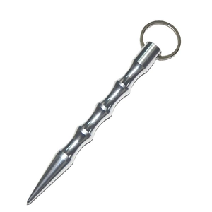Silver aluminum tactical kubotan keychain with ergonomic grip and pointed tip for safety