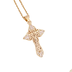 18K gold plated cross pendant necklace with micro-paved cubic zirconia and hollow design