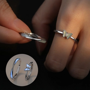 S925 Sterling Silver Luminous Butterfly Couple Rings Adjustable Open Finger Ring Fluorescent Rhinestone Jewelry For Women Men Gift