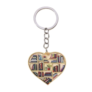Cute heart-shaped acrylic keychain with a bookshelf pattern for backpack decoration