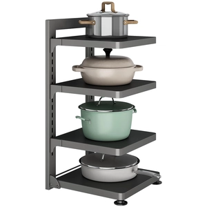 Adjustable 4-tier gunmetal grey kitchen pot rack organizer showing heavy duty storage